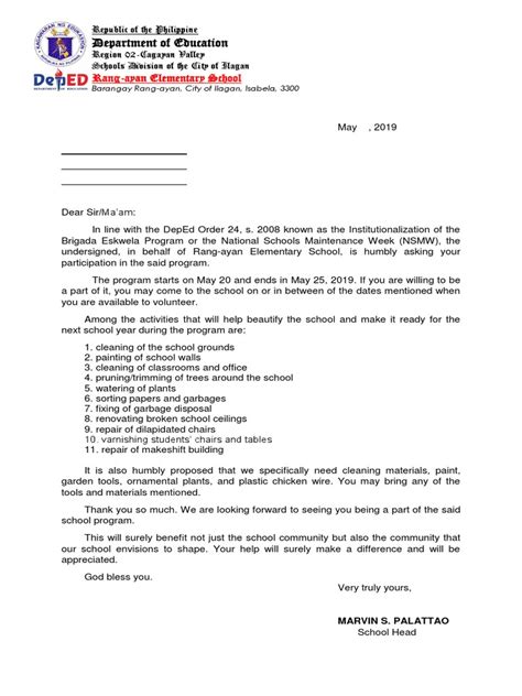 Brigada Eskwela Sample Request Letter and Solicitation Letter.